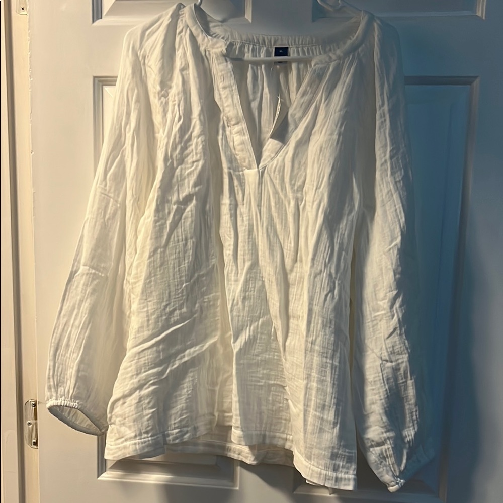 White Long Sleeve Relaxed Blouse with Mandarin Collar